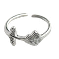 Silver Tone Sculpted Rose Flower And Leaf Open Adjustable Ring view 5