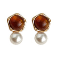 Gold Amber Geometric Stud Earrings White Pearl Drop Accents view 5
