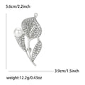 Crystal Double Leaf Stem Brooch with White Pearl Accents view 7