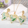 Gold Tone Pressed Flower Heart Necklace and Earring Sets view 3