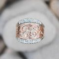 Two-Tone Filigree Wide Band Ring Rose Gold Silver Stones view 2