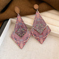 Pink Patterned Diamond Wood Drop Earrings Fashion Jewelry view 6