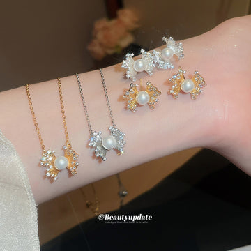 Pearl Crystal Bow Necklaces And Stud Earrings Two Tones