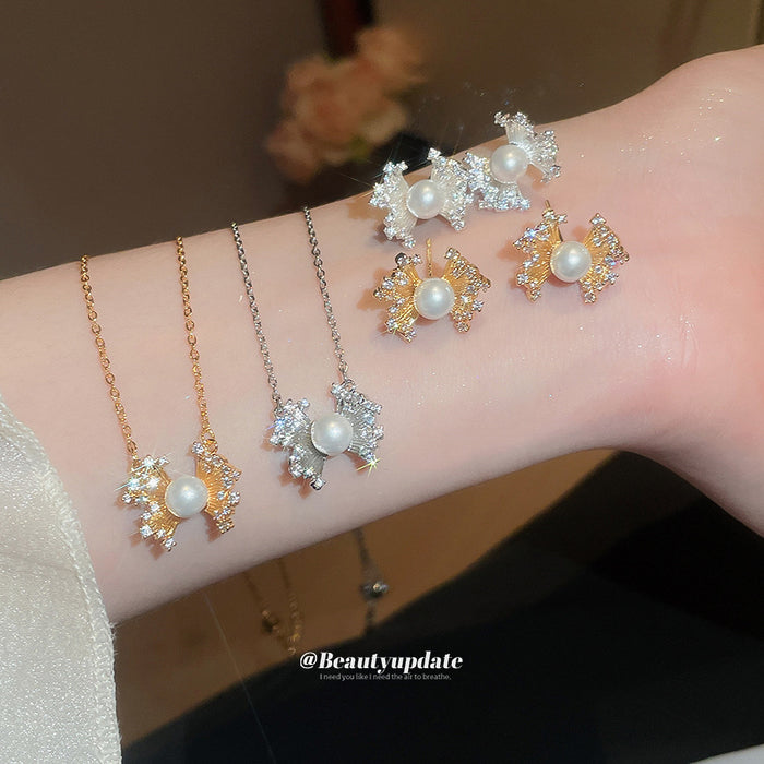 Pearl Crystal Bow Necklaces And Stud Earrings Two Tones