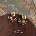Gold Green Enamel Fan Drop Stud Earrings Pearl Red view 3