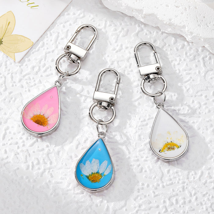 Teardrop Resin Daisy Keychains Silver Lobster Clasp 3 Colors