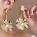 Silver Tone Layered Flower Pearl Look Statement Earrings view 2