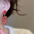 Red Crystal Chinese Character Drop Stud Earrings with Metal Tone Details view 4