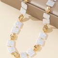 White Faux Pearl Square Bead Necklace With Gold Nugget Accents view 4