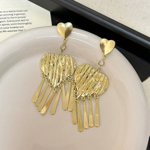 Heart Fringe Drop Earrings in Zinc Alloy, Gold or Silver-Tone