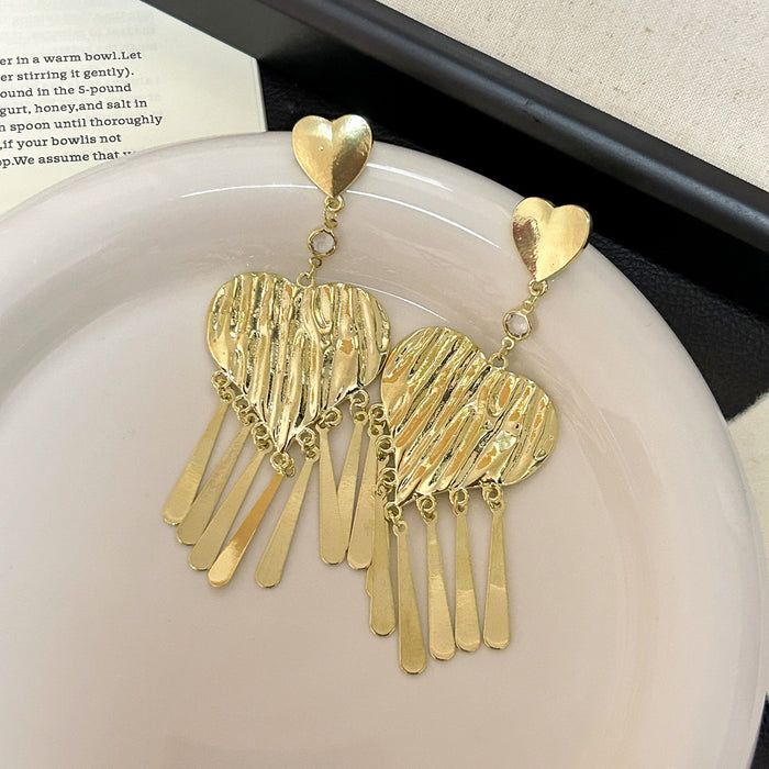 Gold and Silver Heart Textured Fan Fringe Earrings