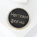 Black Round Rhinestone Brooch Gold Cyrillic Text Pin view 4