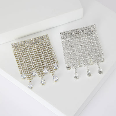 Front view of the square crystal mesh fringe brooch in gold and silver brooch and its color options