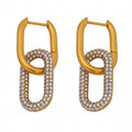 Gold U-Shape Double Oval Pavé Zircon Link Huggie Earrings view 5