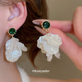 Green Crystal and Ivory Petal Cluster Drop Earrings view 3