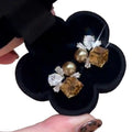 Brown and Clear Crystal Cluster with Pearl Stud Earrings view 5