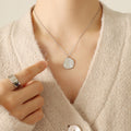 Textured Disc Pendant Faux Pearl Accent Necklace Gold Or Steel view 7