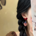 Red Double Heart and Colorful Bead Drop Stud Earrings view 3