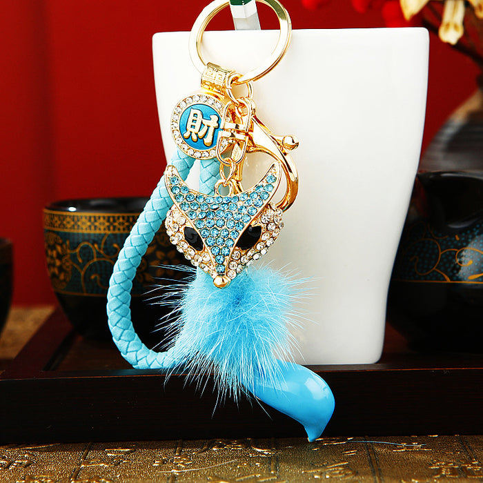 Jeweled Fox Tail Keychains with Fortune Cords and Loose Heart Loops
