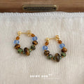 Gold Tiger Eye Beaded Hoop Earrings Blue Green Accents view 3