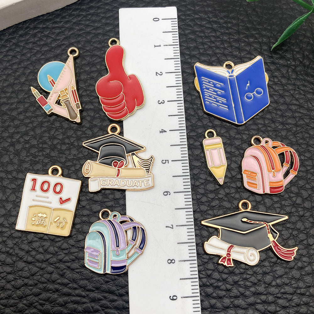 Enamel Zinc Alloy Graduation Cap Schoolbag Book Pen Charm Pendants for DIY Keychain Jewelry