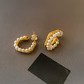 Gold Tone Double Row Pearl Hoop Stud Earrings Fashion Jewelry view 6