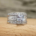 Princess Cut Triple Band Ring Set Silver Gold Engraved view 1