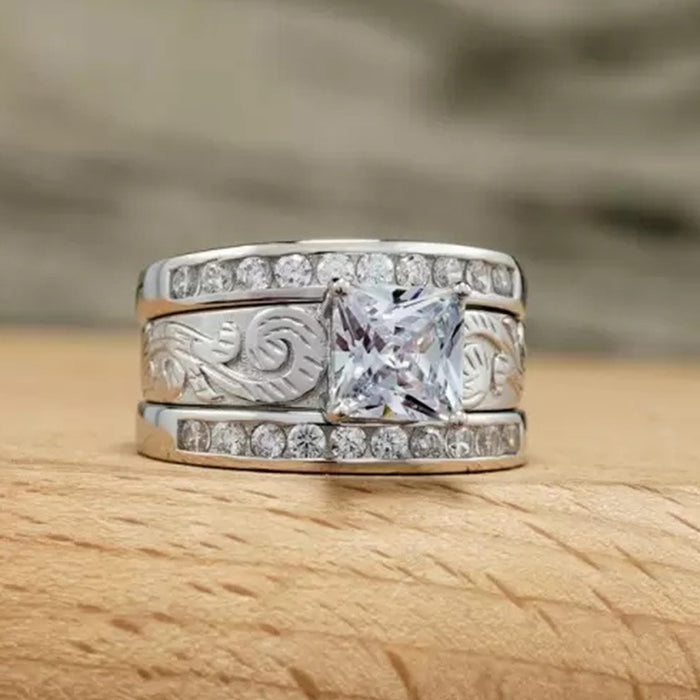 Princess Cut Triple Band Ring Set Silver Gold Engraved
