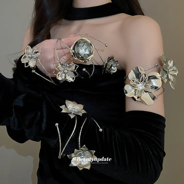 Silver Metal Flower And Leaf Open Arm Cuff Bracelets