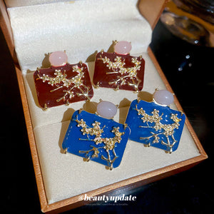 Blue Floral Square Stud Earrings Fashion Jewelry Collection