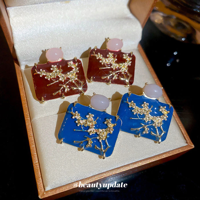 Blue Floral Square Stud Earrings Fashion Jewelry Collection
