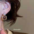 Gold Tone Brown Square Cabochon Drop Earrings With Crystal Tops view 3