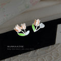 Silver Asymmetric Pink Tulip Cats Eye Stud Earrings view 3