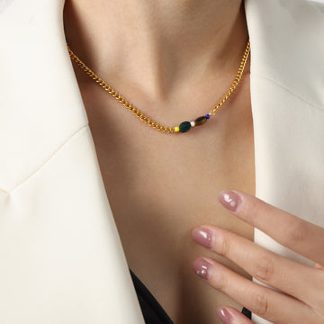 Gold Curb Chain Necklace Multicolor Stone Bead Side Stations
