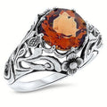 Antique Silver Floral Ring Orange Round Center Stone Metal view 5