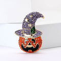 Rhinestone Pumpkin Witch Hat Brooch Halloween Orange Pin view 2