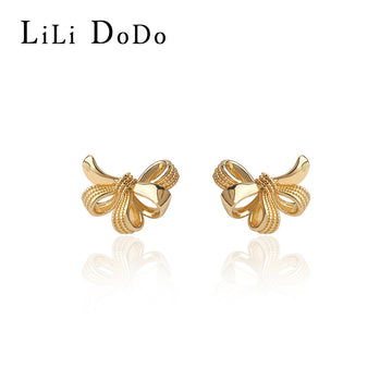Gold Textured Ribbon Bow Earrings Stud and Clip Styles