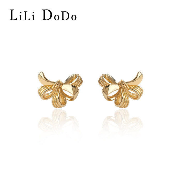 Gold Textured Ribbon Bow Earrings Stud and Clip Styles