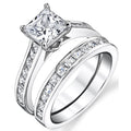 Princess Cut Three Band Ring Set in Silver Tone With Clear Crystal Accents view 1