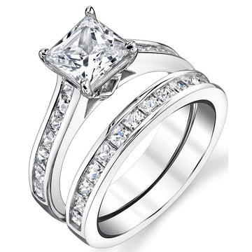 Princess Cut Three Band Ring Set in Silver Tone With Clear Crystal Accents