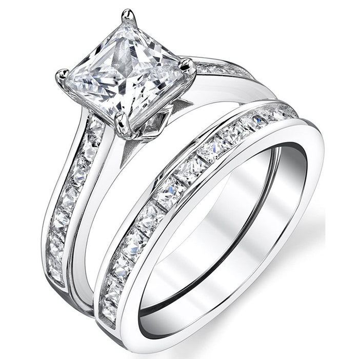 Princess Cut Three Band Ring Set in Silver Tone With Clear Crystal Accents