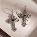 Antique Silver Ornate Cross Black Center Hoop Earrings view 4