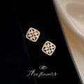 Gold Square Flower Stud Earrings Cats Eye Clear Zircon view 4