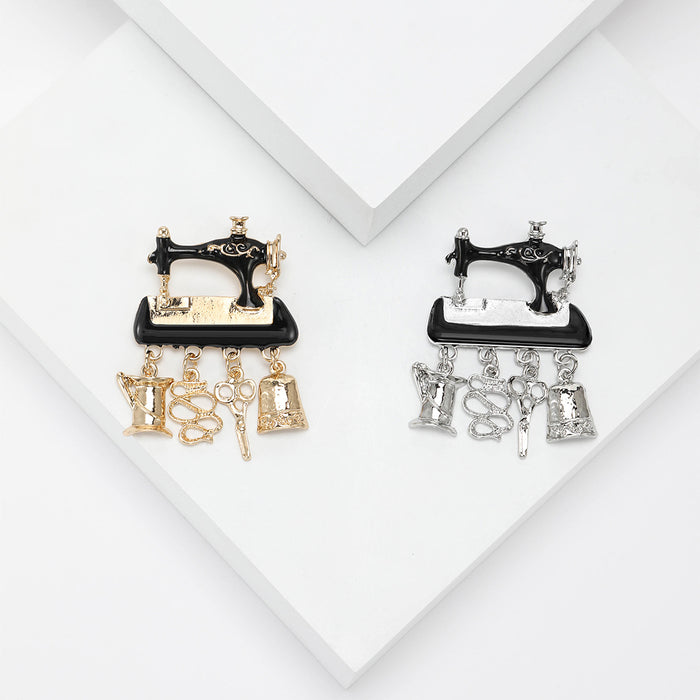 Enamel Sewing Machine Brooch with Dangling Tools Decorative Clothing Pin