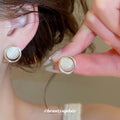 Gold Tone Framed Cat Eye Stud Earrings in Two Shapes view 4