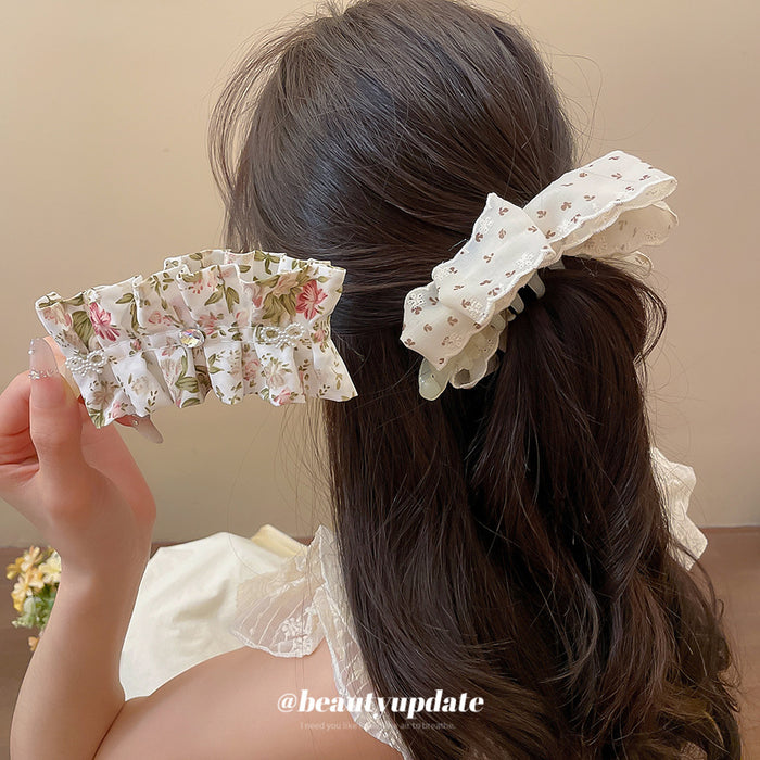Fabric Floral Ruffle And Cream Bow Twist Hair Claws
