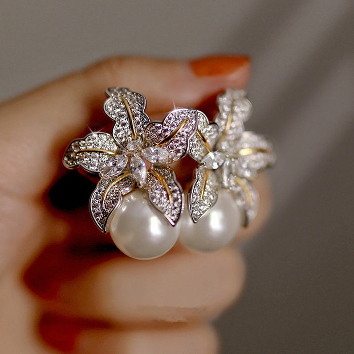 Two Tone Lily Flower Pearl Drop Stud Earrings White Gold