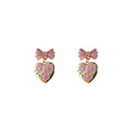 Pink Bow Gold Heart Drop Earrings Floral Enamel Pair view 5