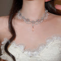Pink White Floral Pearl Fringe Statement Necklace For Women view 3
