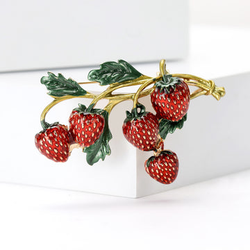 Gold Tone Red Enamel Strawberry Branch Brooch Green Leaves